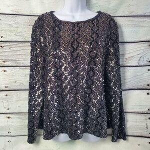 Vintage Montgomery Ward Sequin Blouse Black Metallic Long Sleeve Top Size 22W